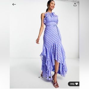 ASOS DESIGN satin stripe halter maxi dress with drape ruffle and tie detail